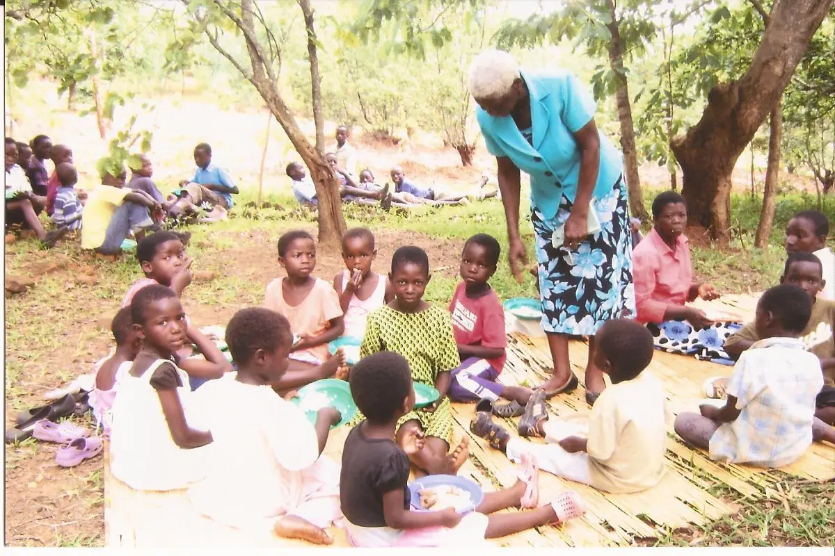 A feeding session held outdoors under the trees