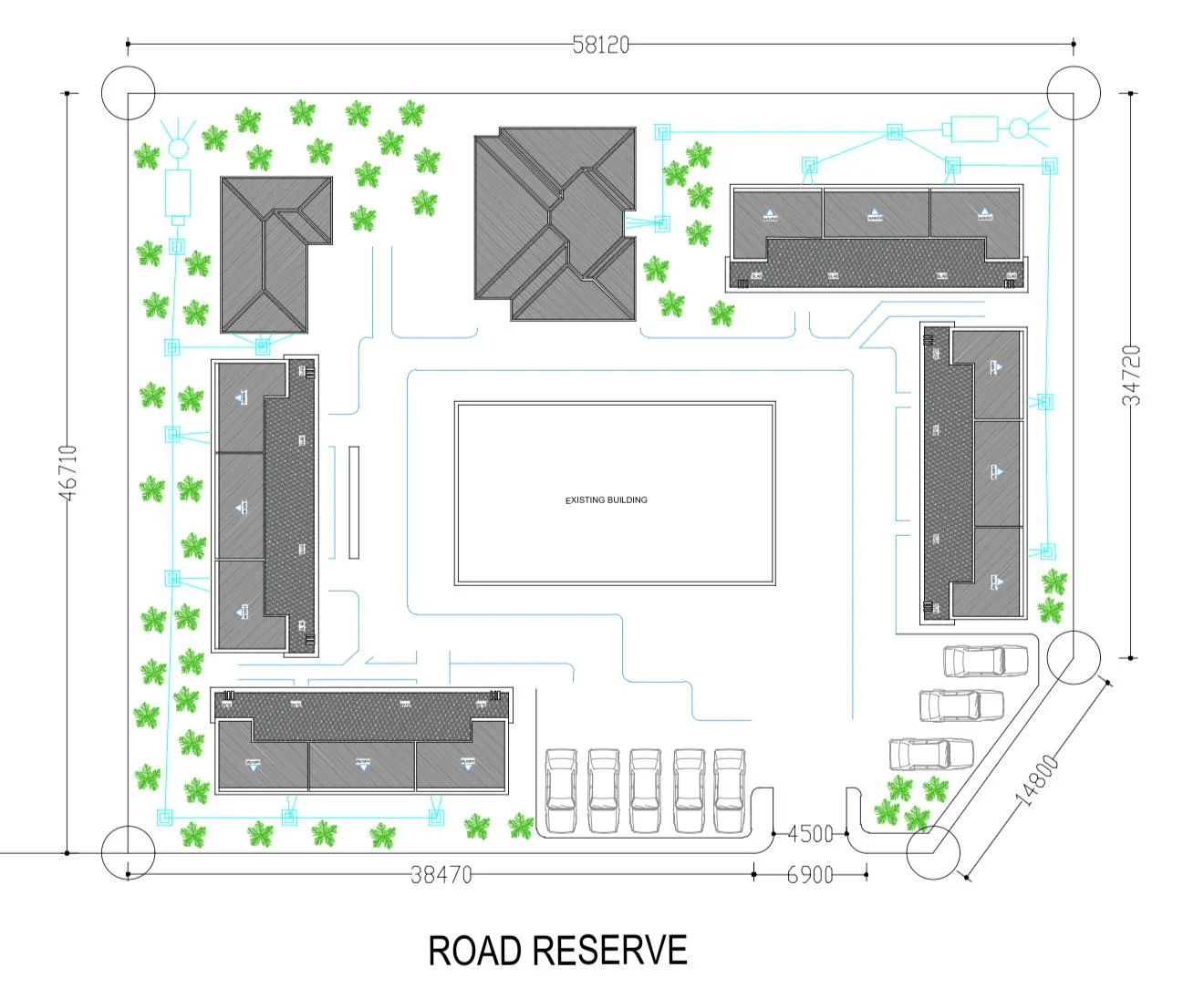 Site plan for the proposed hostel development, showing the new building footprints arranged around the existing building, with car parking, planting and the road reserve